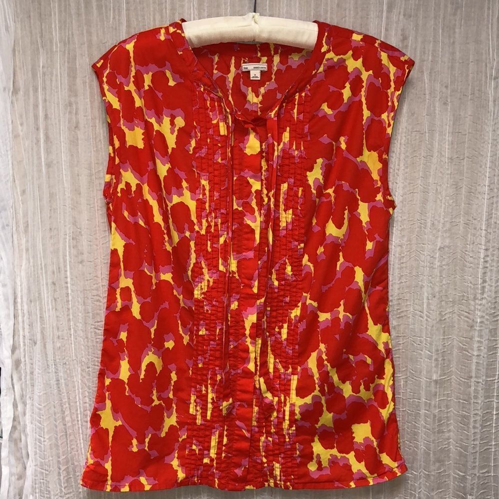 GAP M Cotton Coral Red Pink Neon Yellow Button & Tie Front Sleeveless Blouse